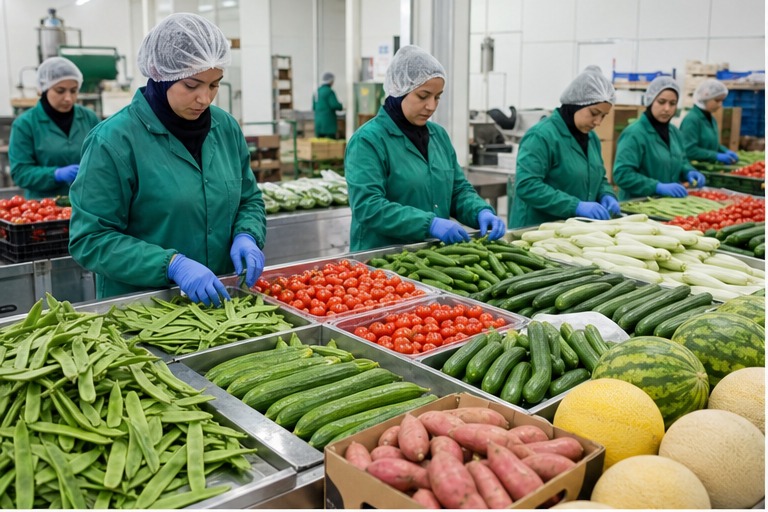 Team sorting fresh fruits and vegetables in a packing station